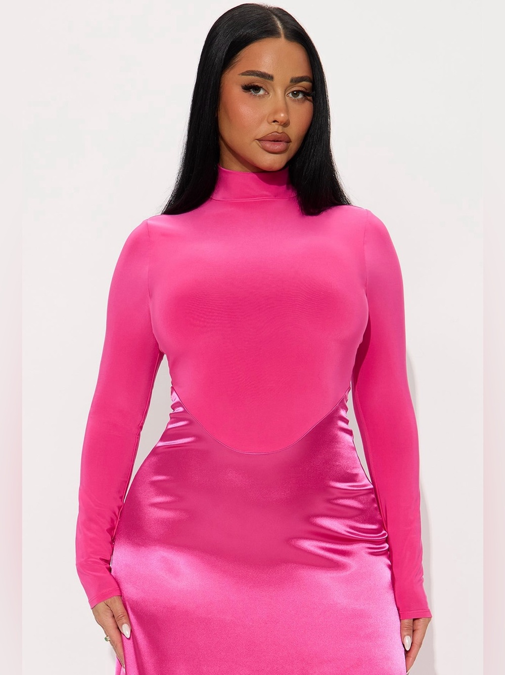 Hot Pink Satin High-Neck Bodycon Dress. Fashion Nova. Size XS.